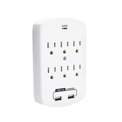Wall Power Socket And Wall Tap One Input 6 Outlet 2 USB Surge  UL cUL passed